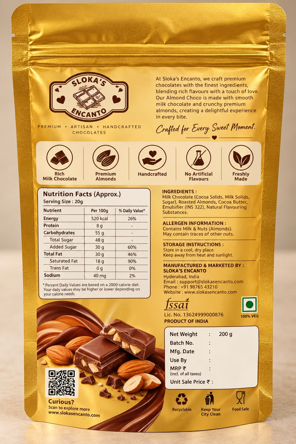 Almond Choco ingredients and packaging details